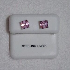 925 SS  Pink Sapphire CZ Asher Cut Pushback Earrings